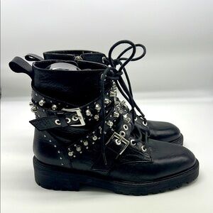 Zara - Black Leather Bejeweled Criss Cross Lace Up Biker Ankle Boot Size 6